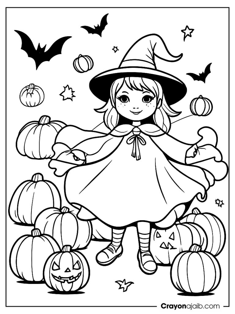 Witch flying with bats and pumpkins ca