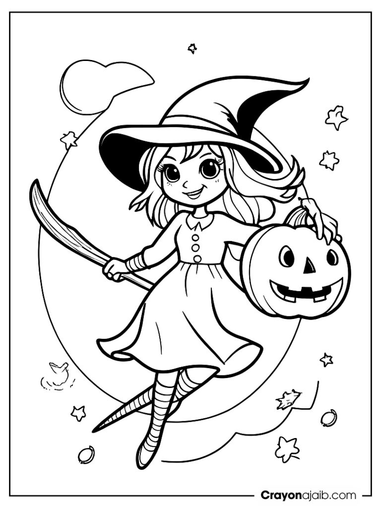 Witch flying with full moon and jack o' lantern ca