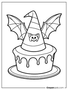 Witch hat and bats cake coloring page ca