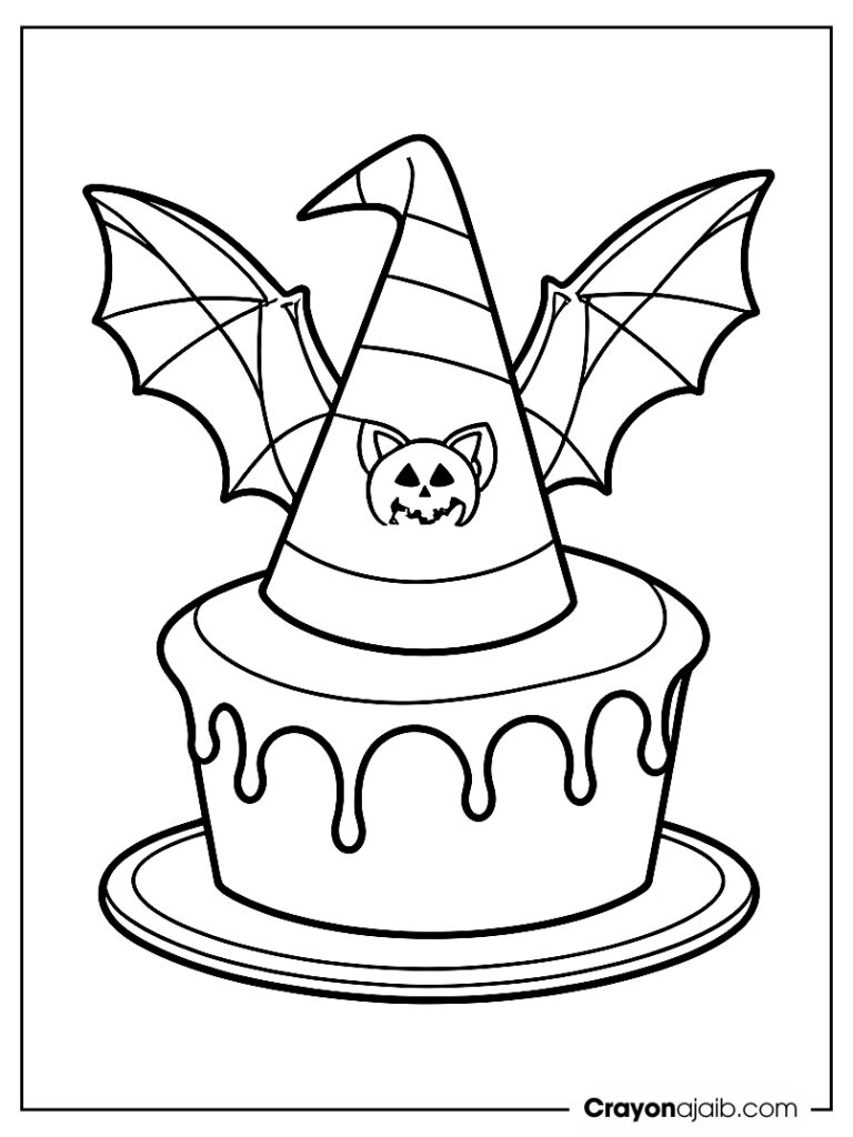 Witch hat and bats cake coloring page ca