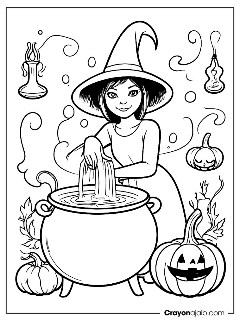 Witch stirring cauldron with spooky pumpkins ca