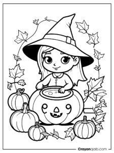 Witch and potion book with pumpkin and bat ca