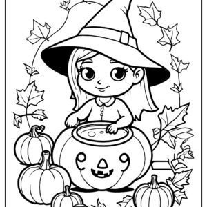 Witch and potion book with pumpkin and bat ca