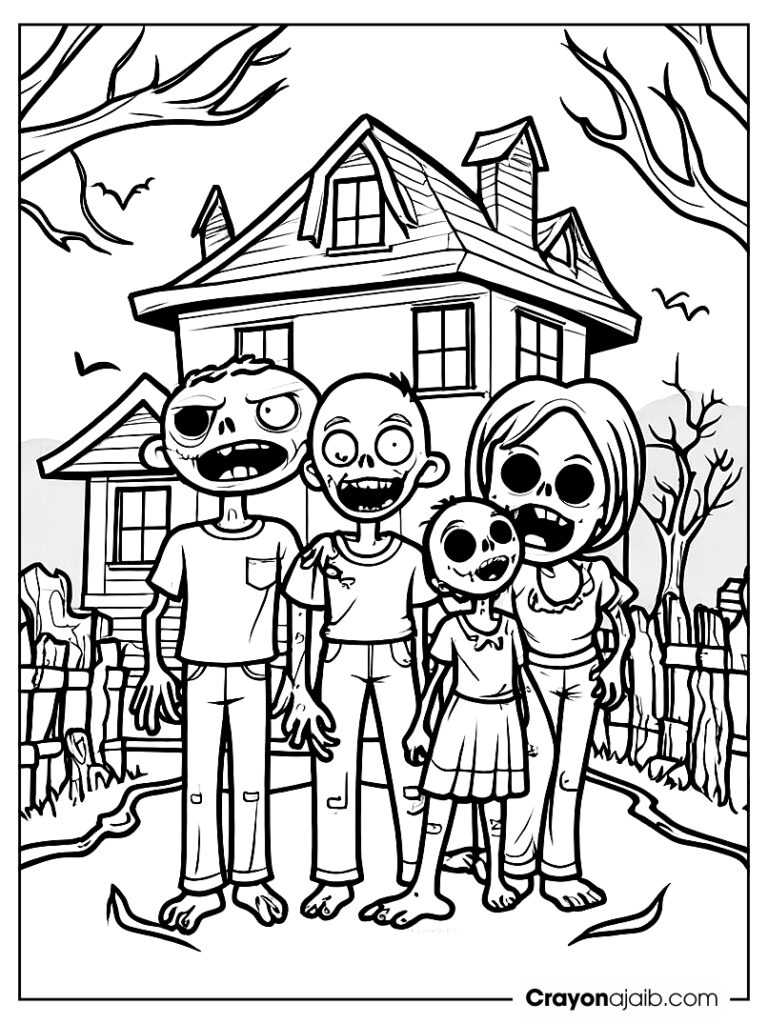 Zombie family in front of haunted house ca