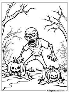 Zombie popping out of ground with pumpkin ca