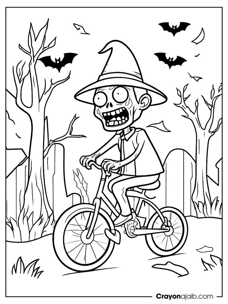 Zombie riding a bicycle with witch hat ca