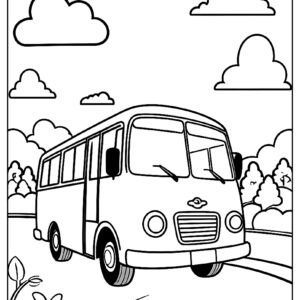 Cartoon bus driving on a sunny day with fluffy clouds in the sky ca