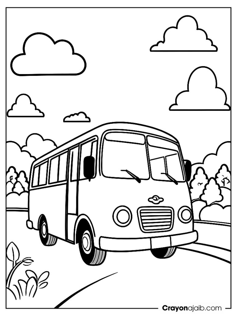 Cartoon bus driving on a sunny day with fluffy clouds in the sky ca