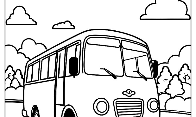 Cartoon bus driving on a sunny day with fluffy clouds in the sky ca