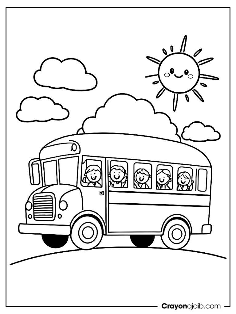 Cute school bus with kids waving from the windows, surrounded by simple clouds and a sun (1) ca