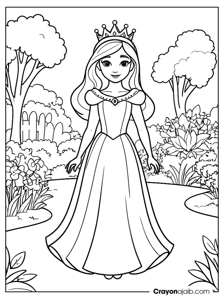 Princess standing in a garden with a crown and a flowing dress ca