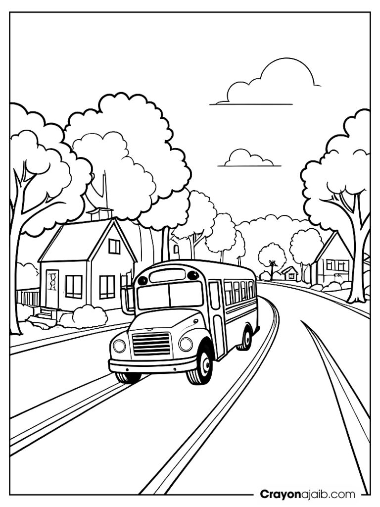 School bus driving through a neighborhood is designed to help children develop concentration while coloring (1) ca