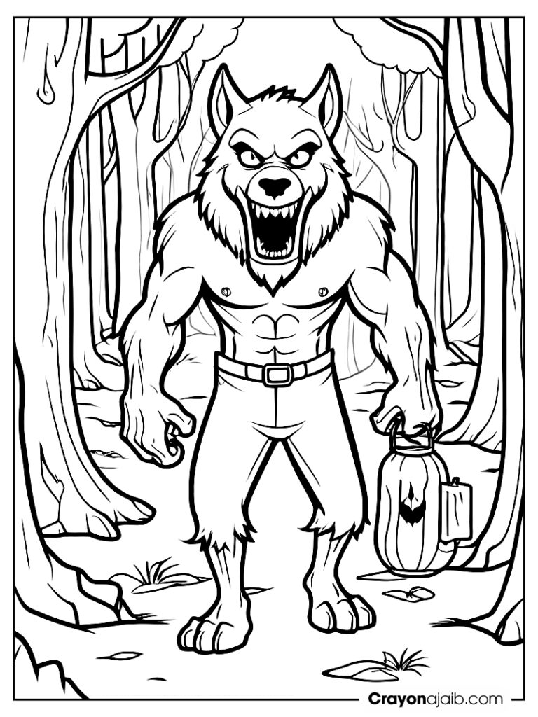 Spooky forest scene, featuring a werewolf with a lantern ca