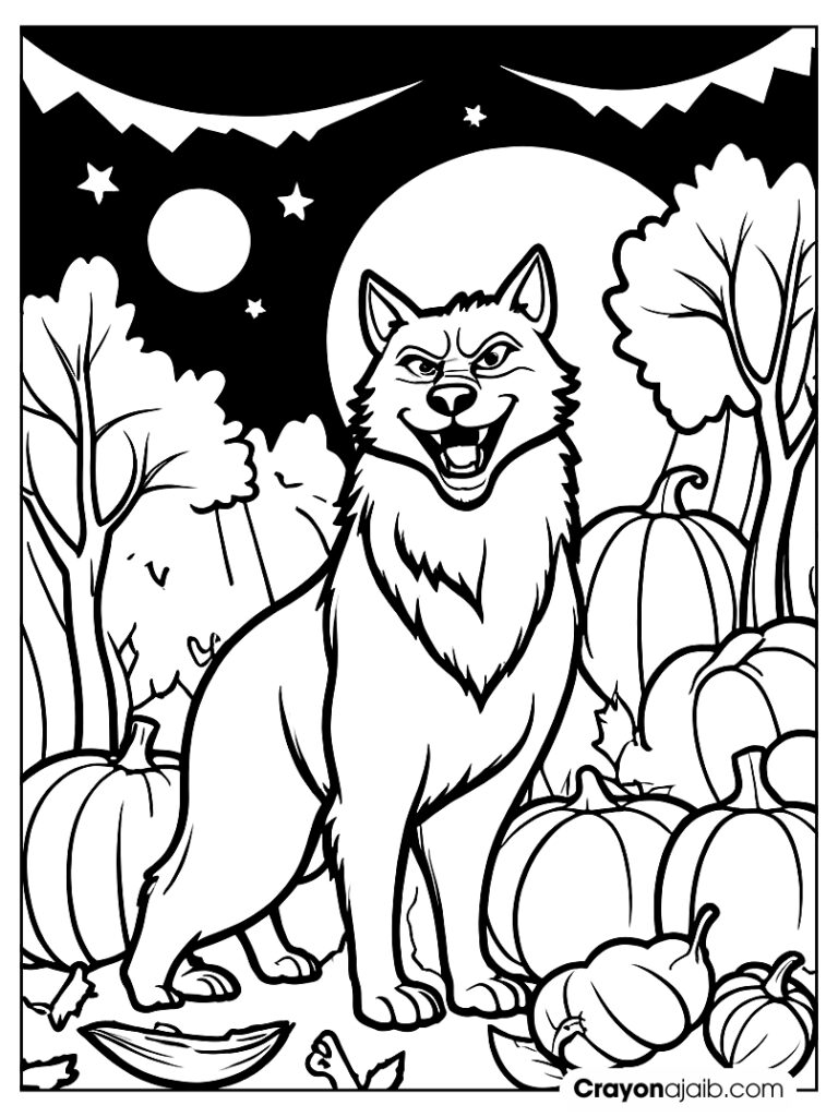 Werewolf howls at the moon with pumpkins surrounding it ca