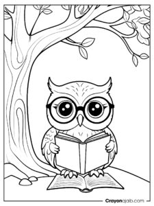 An owl with glasses, reading under a tree coloring book ca