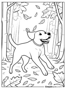 Autumn leaves with dog coloring page