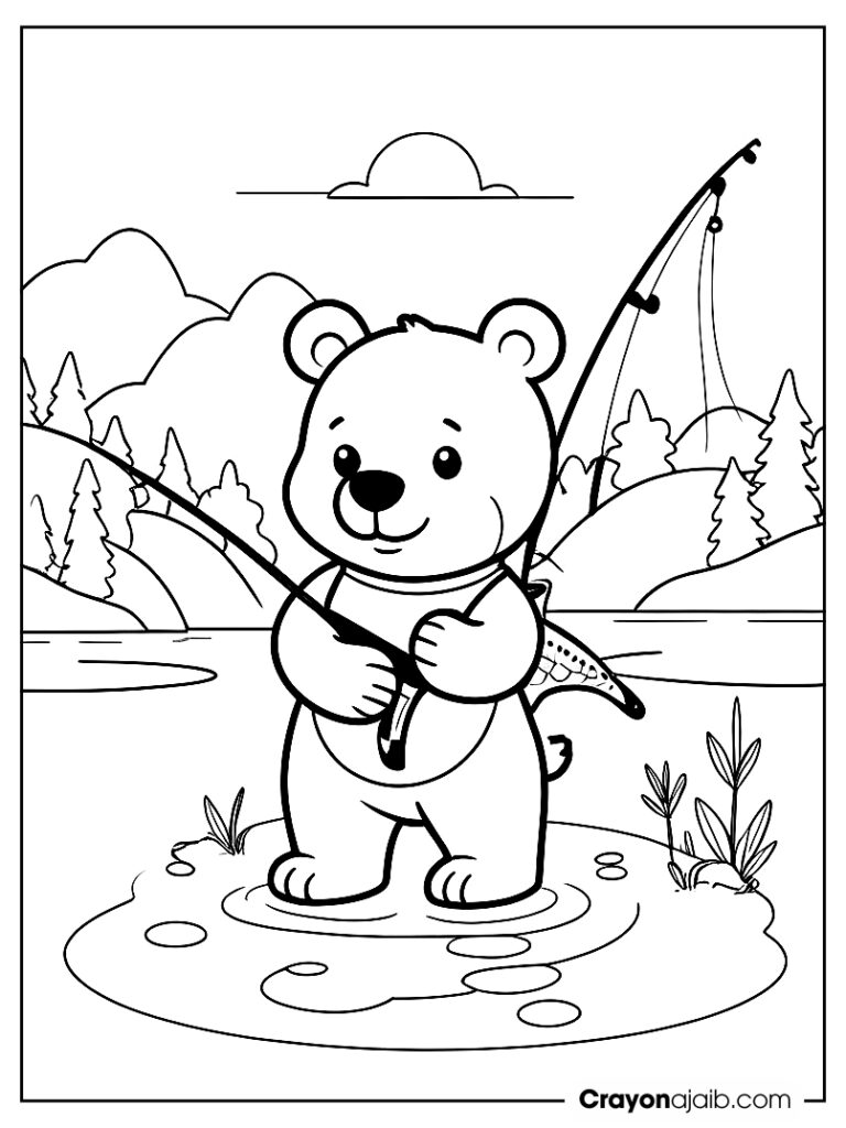 Bear fishing coloring page by lake ca