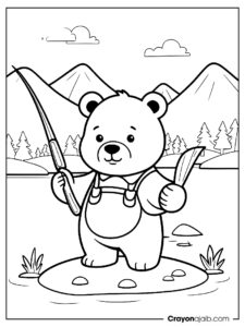 Bear with fish coloring page ca