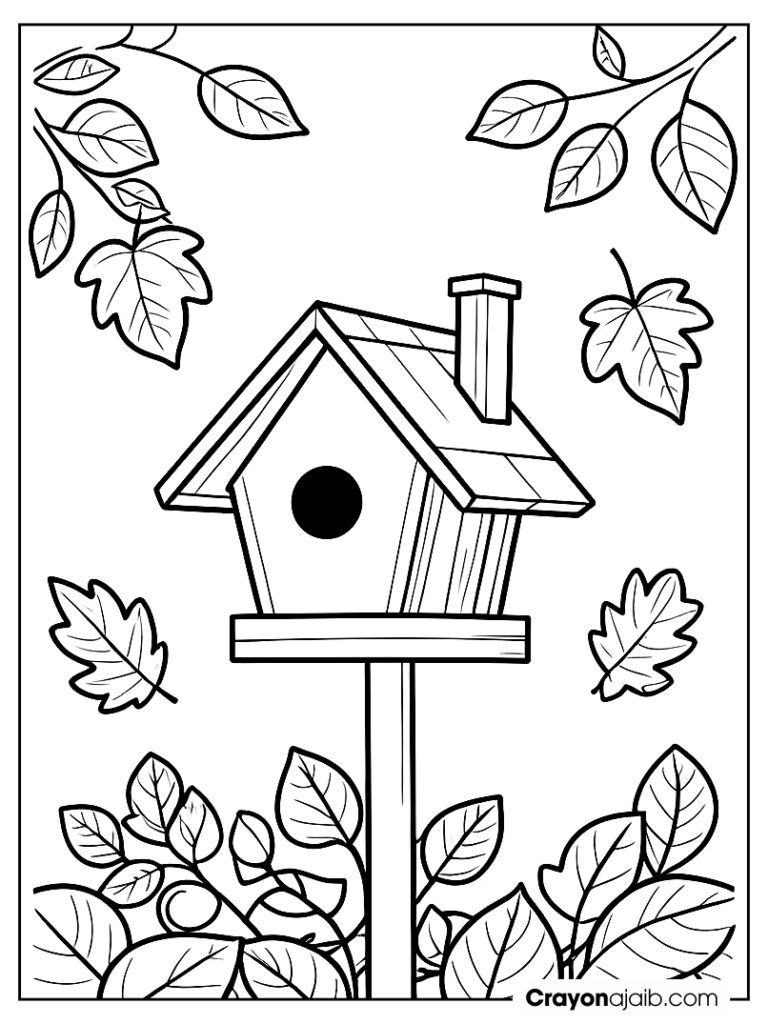 Birdhouse and leaves coloring page ca