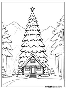 Cabin and tree coloring page ca