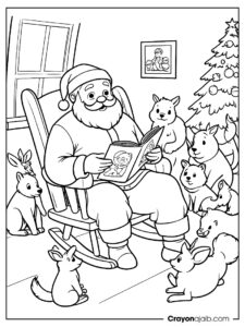 Christmas santa reading to animals coloring page ca