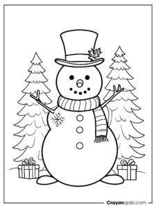 Christmas snowman and tree coloring page ca