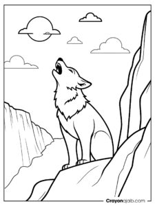 Coloring page of wolf on cliff edge ca