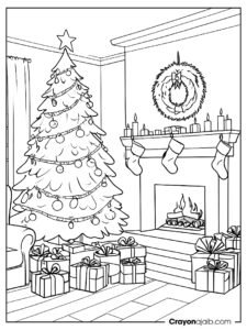 Cozy christmas scene coloring page ca