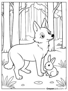 Curious wolf in forest coloring page ca