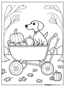 Dachshund wagon fall scene coloring page