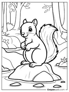 Forest squirrel and stream coloring page ca