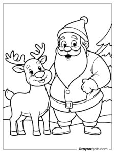 Friendly santa and reindeer coloring page ca