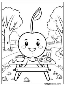 Fun cherry picnic scene coloring page