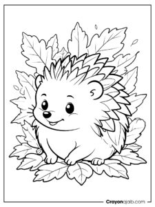 Hedgehog playing in leaves coloring page ca