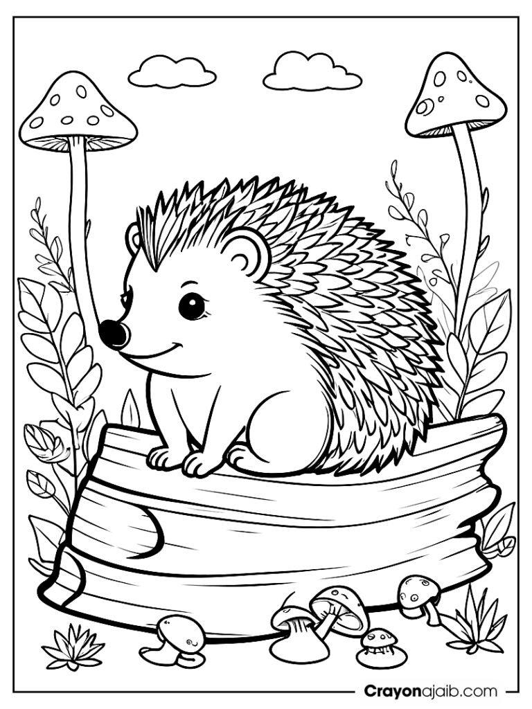 Hedgehog on log coloring page ca