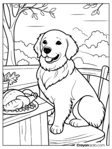 Outdoor thanksgiving scene with dog coloring page