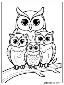 Owl family coloring page with branch ca