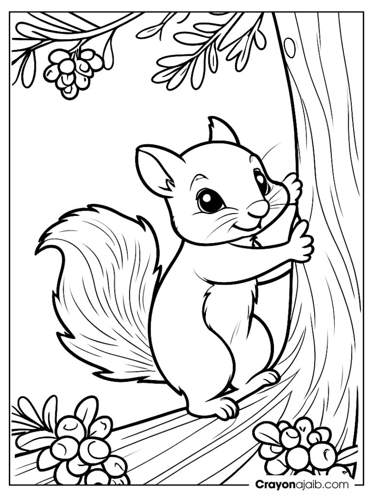 Playful squirrel on pine tree coloring page ca