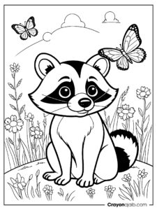 Raccoon and butterfly coloring page ca