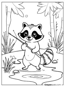 Raccoon with fishing pole coloring page ca