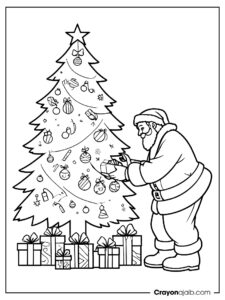 Santa placing gifts under christmas tree coloring page ca