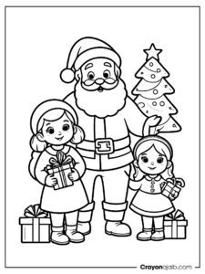 Santa sharing gifts with kids coloring page ca