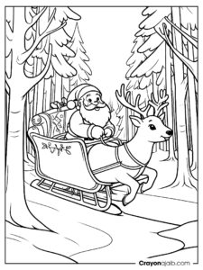 Santa sleigh ride through snowy forest coloring page ca