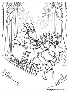 Santa and reindeer in winter forest coloring page ca