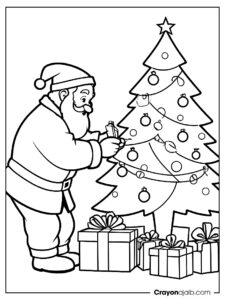 Santa with christmas tree and presents coloring page ca