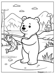 Simple bear fishing scene coloring page ca