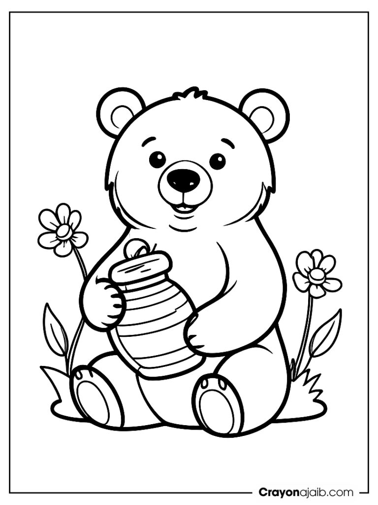 Simple bear and honey coloring page ca