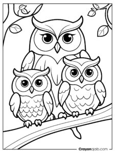 Simple owl family coloring page ca