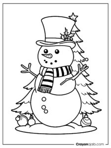 Snowman with christmas tree coloring page ca