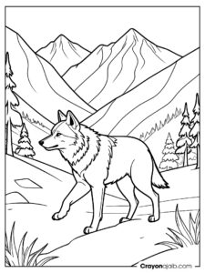 Snowy mountains wolf coloring page ca